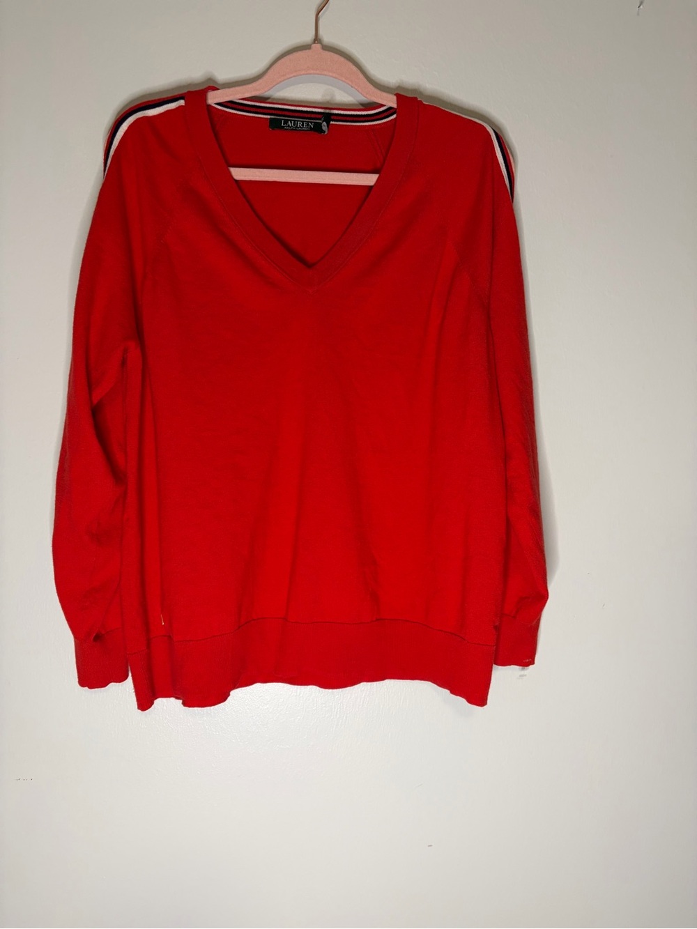 Lauren Ralph Lauren. Red cold shoulder V-Neck striped Sweater